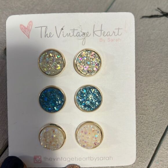 Opal Blue and White New Druzy Stud Earrings - Picture 3 of 4